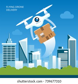 Drone delivery concept vector illustration. Quadcopter carrying a package to customer. Background with cityscape