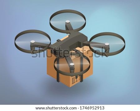 Drone delivery concept vector illustration. Quadcopter flying isolated carrying a package to customer. Vector 3d isometric icon