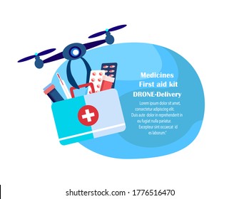 Drone Delivery Concept.Flying Robot.Contactless Delivery First Aid Kit,Remotely Piloted Flying Aircraft.Medicament,Drugs,Remedy.Package Box. Consumption Service. Buy,Receive Parcel.Vector Illustration