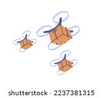 Drone delivery. Copter flying, delivering cargo, boxes, cardboard packages, parcels by air. Automated aerial robots, UAV with goods, post, mail. Flat vector illustration isolated on white background