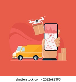 Drone delivery and ecommerce business concept, Truck van with courier service