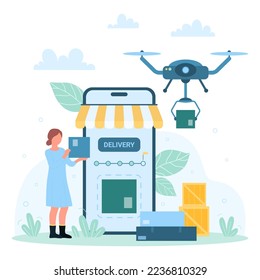 Drone delivery, express service vector illustration. Cartoon tiny woman using mobile app in smartphone for tracking parcel box, fast shipping process of online order from store on phone screen
