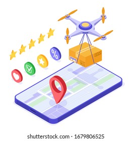 Drone delivery fast and free online order and package service. fast package shipping. isometric drone shipping. tracking online order on map with phone. isolated isometric vector illustration