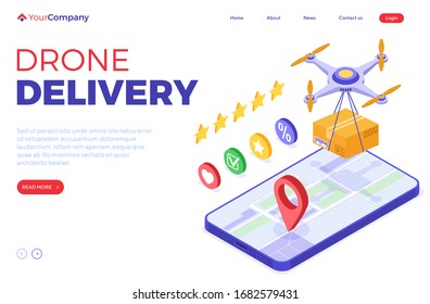 Drone delivery fast and free online order and package service. fast package shipping. isometric drone shipping. tracking online order on map with phone. isolated isometric vector illustration