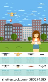 Drone delivery. Fast drone delivery of goods in city. Technological shipment and autonomous logistics innovation vector illustration

