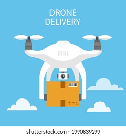 drone delivery flying with package box. air drone transporting concept. isolated on blue background. vector illustration in flat style modern design. 