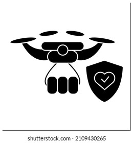 Drone delivery glyph icon. Safe order delivery by remote piloted drone with stop covid. Concept of new technology,contactless delivery by air.Filled flat sign. Isolated silhouette vector illustration