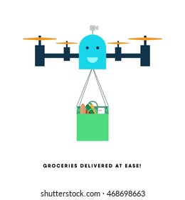 Drone Delivery Groceries. Drone Character Carrying Bag With Carrots, Cucumber, Bread And Milk Packet. Vector Illustration. Minimal Flat Design