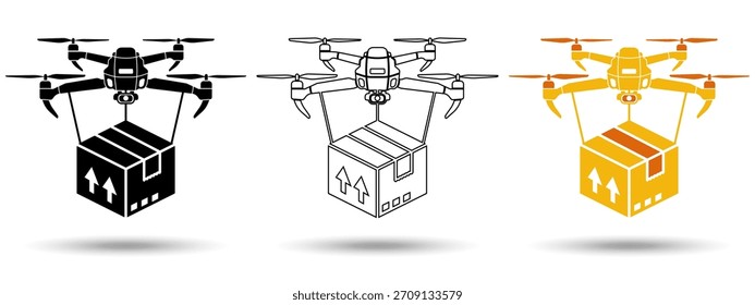 Drone delivery icon. Drone delivery icon on a white background, isolated. The icon has three uses in applications and websites. Vector illustration. Drone delivery icon on a white background.
