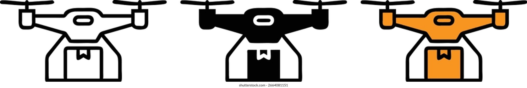 Drone Lieferung Icon Set Quadcopter Paket Versand Vektor Schwarz Weiß Orange