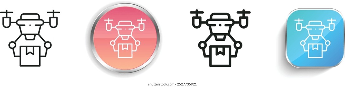 Symbol für die Drohnenlieferung. Design mit dünnen Linien, regelmäßigen Linien und Schaltflächen einzeln auf weißem Hintergrund
