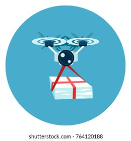 Drone Delivery Icon Web Button On Round Blue Background Flat Vector Illustration
