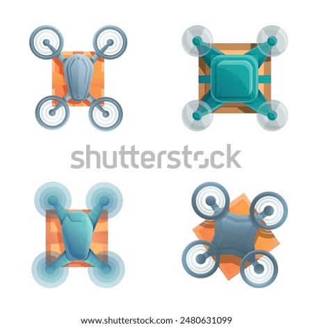 Drone delivery icons set cartoon vector. Shipping parcel package with drone. Modern delivery service technology