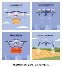 Colección de banners para la entrega de drones y tecnologías industriales, ilustración plana de vectores. Afiches que muestran el uso del helicóptero inalámbrico de drones para su entrega y vigilancia.