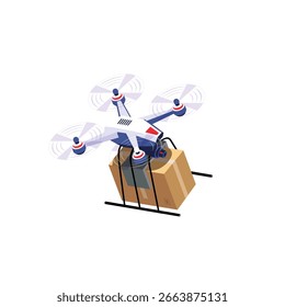 Entrega de drones. Ilustración isométrica con el concepto de entrega autónoma por dron. Logística y Encuesta Aéreas. Elemento para su diseño. Ilustración vectorial.