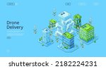 Drone delivery isometric landing page, quadcopters shipping parcels from warehouse to customers. Futuristic logistics technology, aircraft freight transportation service 3d vector line art web banner