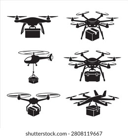 Drone delivery logistics icon set featuring various quadcopter and multicopter designs carrying packages delivery logistics quadcopter shipping technology transport aviation robotics