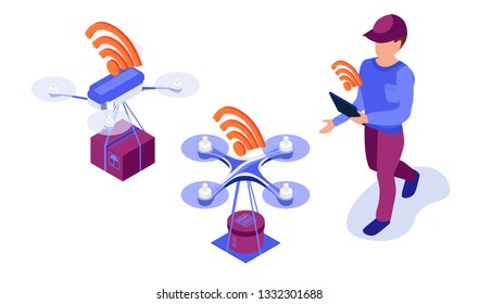 Drone delivery. Man control delivering by tablet. Easy shipping. Isometric flat 3d illustration