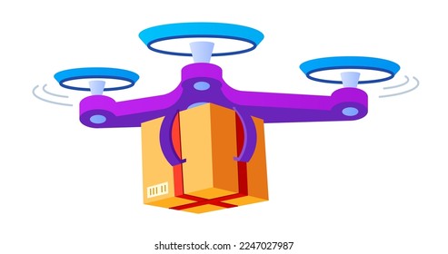 Drohnenlieferung - modernes, flaches Design-Einzelbild. Schönes, detailliertes Bild von Quadcopter Transport Box von Waren. Schnelle Lieferung, moderne Technik. Roboter-, Orders- und Luftpost-Idee
