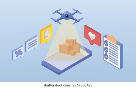 Drone Delivery Online Ordering Packages.on blue background.3D design.isometric vector design Illustration.