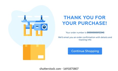 Entrega de drones página web de compra en línea, UI, elemento de diseño web UX, Drone con caja y continuar botón de compra. Diseño plano. 