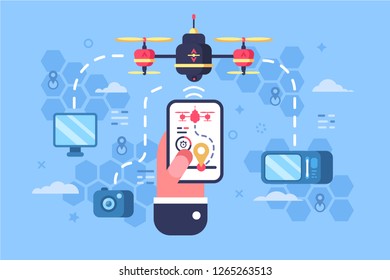 Drone delivery online service vector illustration. Male hand holding modern gadget and controlling quadcopter via mobile application. Technological shipment innovation concept. Autonomous logistics