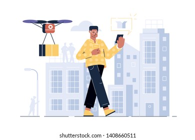 Drone delivery online service vector illustration. Man holding modern smartphone and controlling quadcopter via mobile app flat style concept. Technological innovation in autonomous logistics