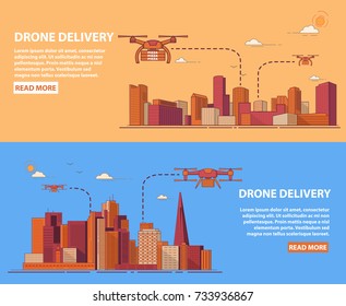 Drone delivery of the packed goods carrying food for the client.City service for Fast and convenient transportation of pizza.Urban landscape with skyscrapers.Design concept in flat line.

