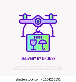 Drone delivery of parcel thin line icon. Modern vector illustrat