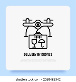 Drone delivery of parcel thin line icon. Modern vector illustration of logistic innovation.