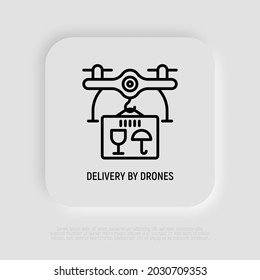 Drone delivery of parcel thin line icon. Modern vector illustration of logistic innovation.