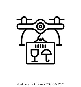 Drone delivery of parcel thin line icon. Modern vector illustration of logistic innovation.