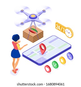 Drone delivery pizza fast and free online order and package service. fast food shipping. isometric drone shipping. tracking online order on map with phone. isolated isometric vector illustration