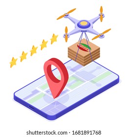 Entrega rápida de pizza de drones y servicio gratuito en línea de pedido y paquete. envío de comida rápida. envío isométrico de drones. seguimiento de pedidos en línea en el mapa con teléfono. ilustración isométrica aislada vectorial