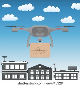 Drone delivery of pizza, parcel, gift or help.Delivery by air, new delivery technologies in any weather