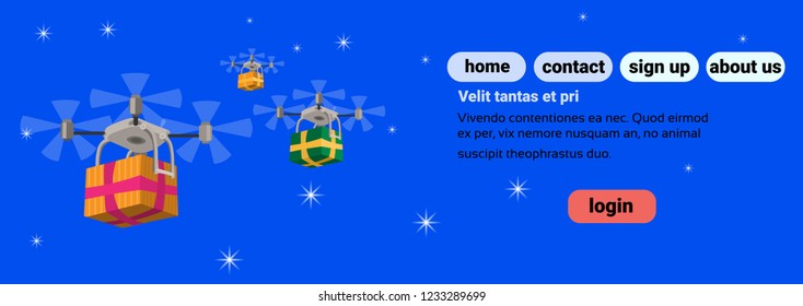 Drone delivery present new year merry christmas holiday concept blue background flat horizontal copy space vector illustration