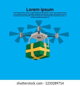 Drone delivery present new year merry christmas holiday concept blue background flat copy space vector illustration