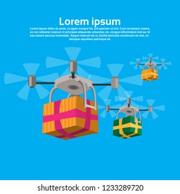 Drone delivery present new year merry christmas holiday concept blue background flat copy space vector illustration