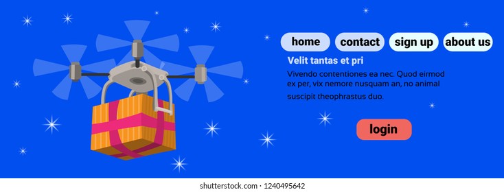 Drone delivery present new year merry christmas holiday concept blue background flat horizontal copy space