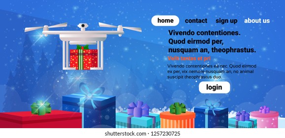 Drone delivery present new year merry christmas holiday concept gift box decoration flat horizontal copy space