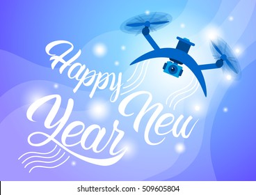 Drone Delivery Present, New Year Merry Christmas Holiday Banner Flat Vector Illustration