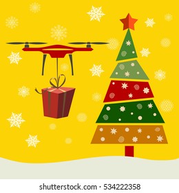Drone Delivery Presents under christmas tree, New Year Christmas Holiday Vector Illustration.