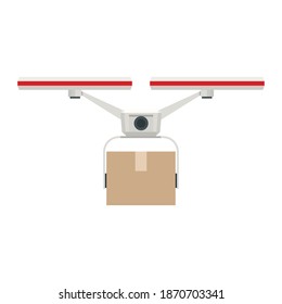 Drone delivery. Quadcopter carrying a package to customer. Delivery of a cardboard box drone by air isolated on white background. Front view
