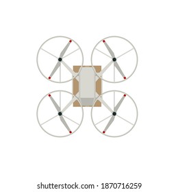 Drone delivery. Quadcopter carrying a package to customer. Delivery of a cardboard box drone by air isolated on white background. View from above