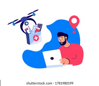 Drone Delivery.Man Receive Contactless Delivery Parcel.First Aid Kit,Remotely Piloted Flying Aircraft.Medicament,Drugs,Remedy.Consumption Online. Home Shop. Buy,Receive Parcel.Flat Vector Illustration