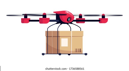 Ilustración de vector de color RGB semiplana de entrega de drones. Robot volador automático para envío de mercancías exprés. Servicio de mensajería innovador. Paquete de cartón objeto de caricatura aislado sobre fondo blanco