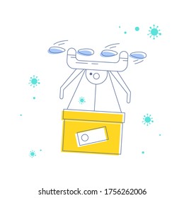Drone delivery service. Automatic quadcopter carrying cardboard box. Shipment innovation. Line vector illustration