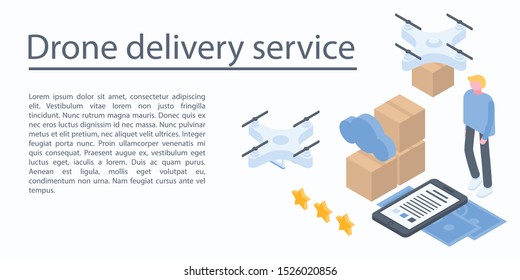 Drone delivery service concept banner. Isometric illustration of drone delivery service vector concept banner for web design