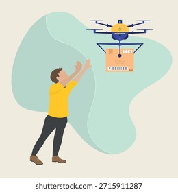 Drohnenlieferdienst. Konzept der zukünftigen Lieferung, Logistik Innovation, E-Commerce, schnelle Lieferung. Vektorgrafik
