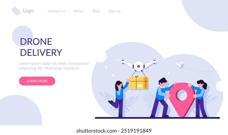 Drone delivery service concept. Innovative technology in parcel shipment. Girl receives parcel near pin sign. Modern flat illustration.